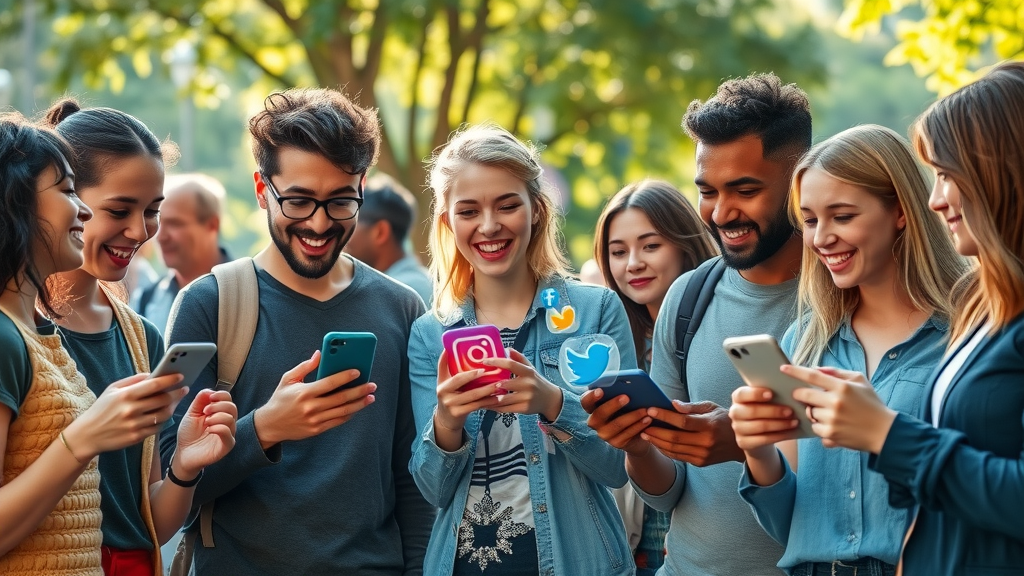 Diverse young people using futuristic social media platforms, exchanging digital content and discussing dominant digital marketing trends for 2025