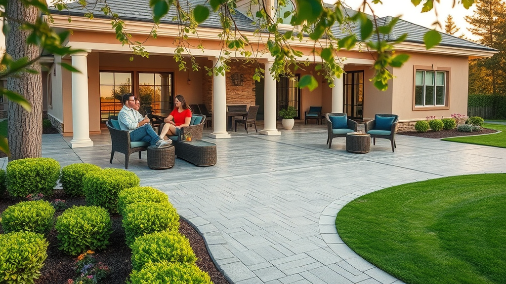 Hardscaping solutions for curb appeal with modern stone patio and lush landscaping