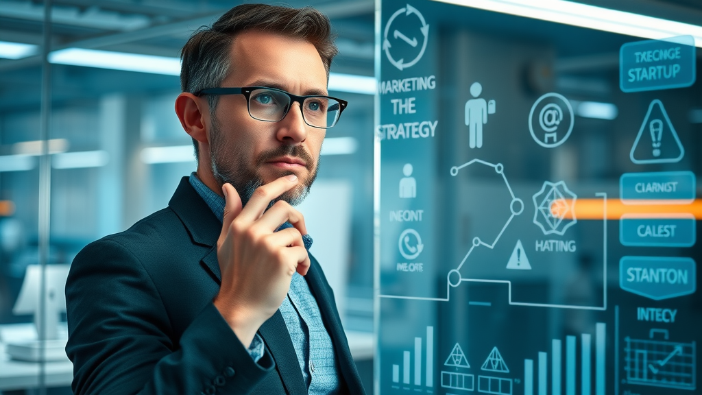 startup marketing leader mapping strategic growth on glass board