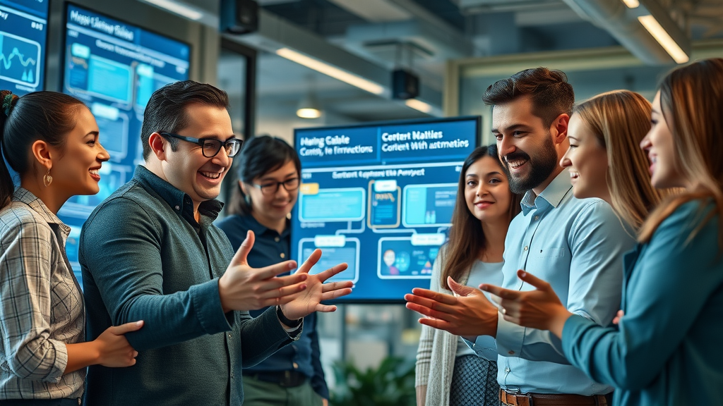 Small business team collaborating with AI content automation platform to accelerate content creation and workflow.