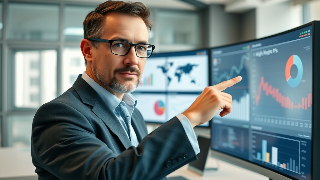 business leader setting digital marketing KPIs, digital marketing strategies, conversion rate targets on monitor