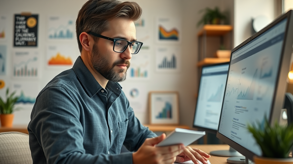 small business owner analyzing charts and AI-infused analytics on a desktop monitor