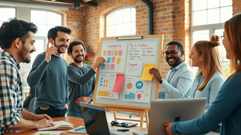 Creative team launching a social media content marketing campaign in a bright office - launching content strategy, media content, optimization