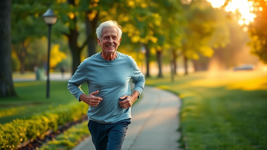 Active older man jogging comfortably after successful chiropractic treatment.