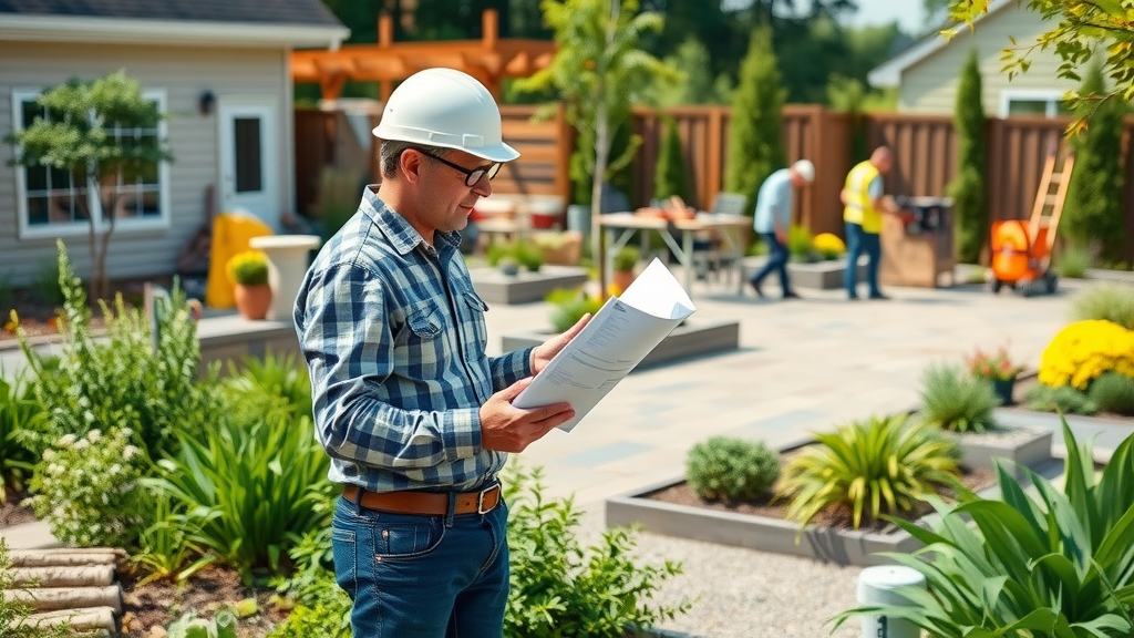 Landscape design build process with architect, plans, and installation in progress