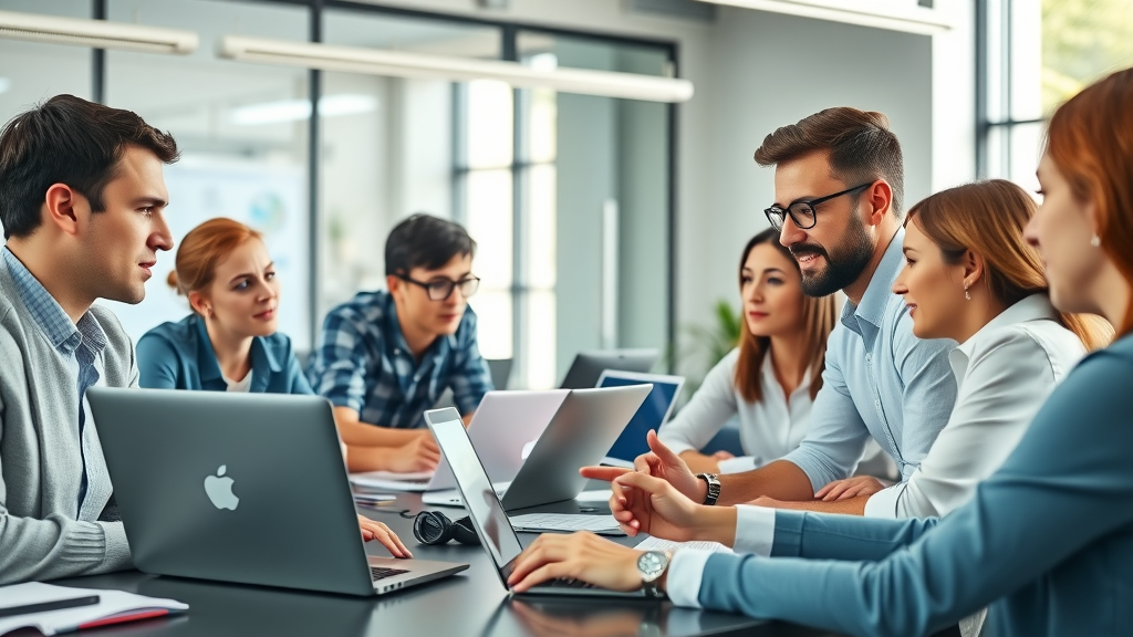 professional marketers engaged in an interactive content marketing training session, collaborating with digital tools in a modern bright room