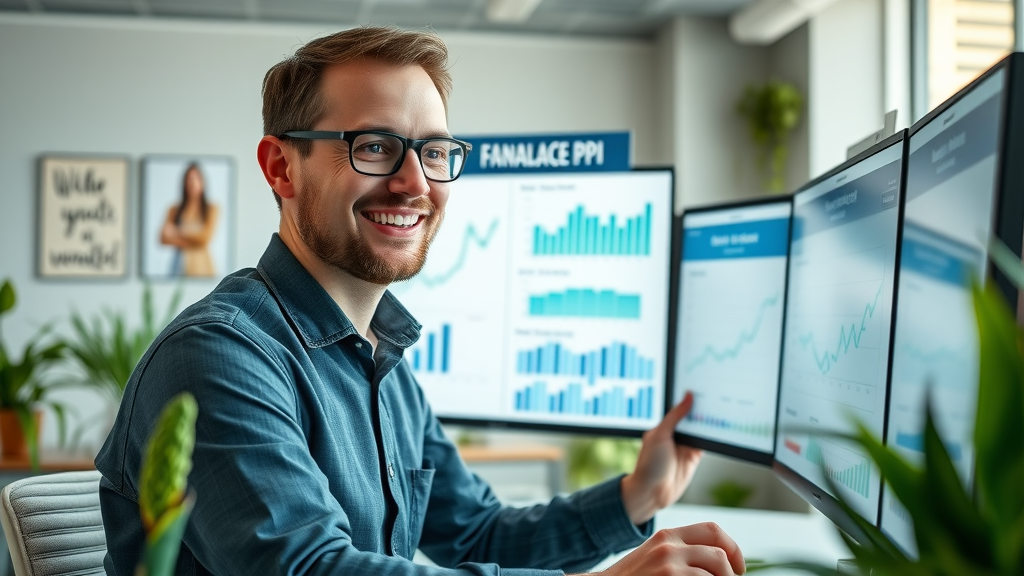 Analyst reviewing social media ROI and KPI dashboards, positive engagement chart - measuring success, social media marketing, media content