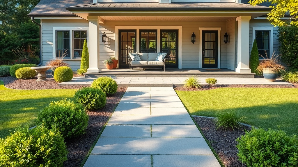 Landscape design build front yard showcasing walkway, garden beds, and inviting porch
