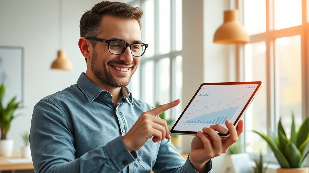 relieved business owner viewing growth analytics, positive ROI in social media marketing, modern workspace