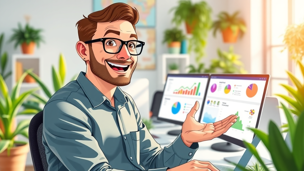 marketing automation dashboard, small business automation tools, entrepreneur reviewing colorful UI