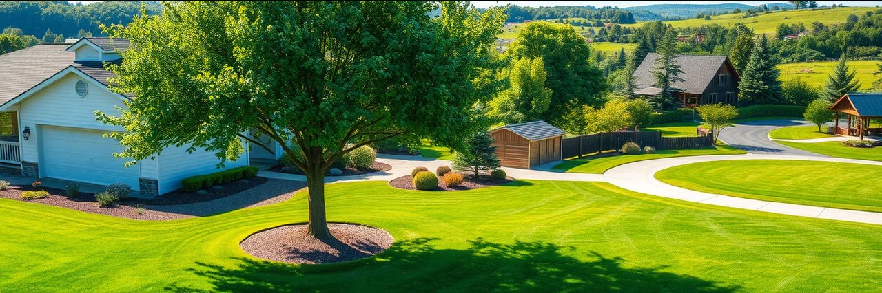 Custom landscape design with manicured lawn, hedges, and tree in suburban countryside.