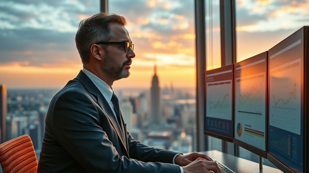 growth-oriented executive, overseeing strategic marketing planning dashboards, office overlooking thriving sunset-lit cityscape