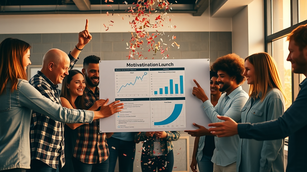 diverse team celebrating successful content marketing campaign around a display with confetti and charts