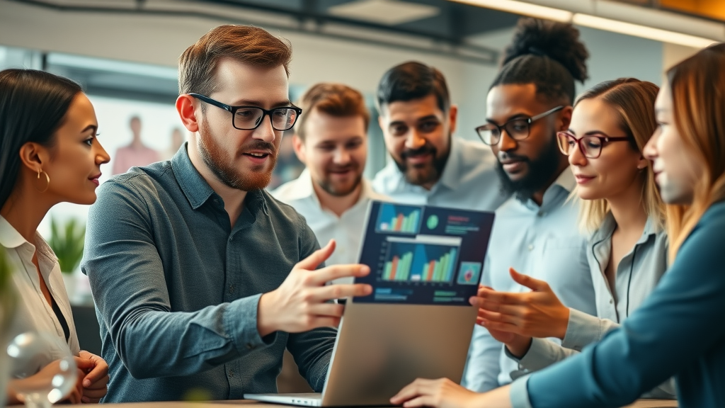 experienced chief marketing officer leading digital marketing strategy session, collaborative office