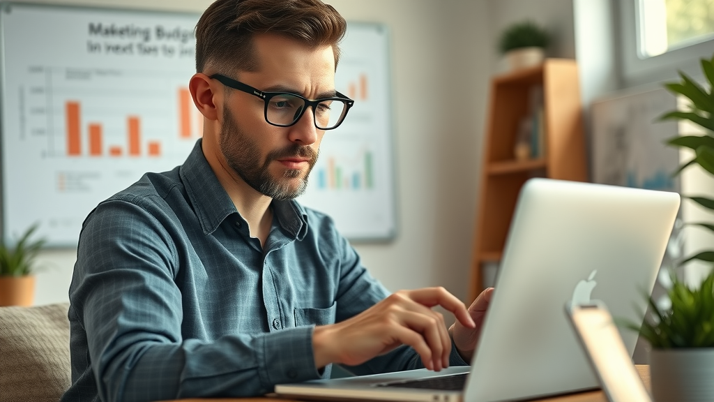 focused entrepreneur reviewing a marketing budget on a laptop in a cozy home office, cost-effective marketing strategies