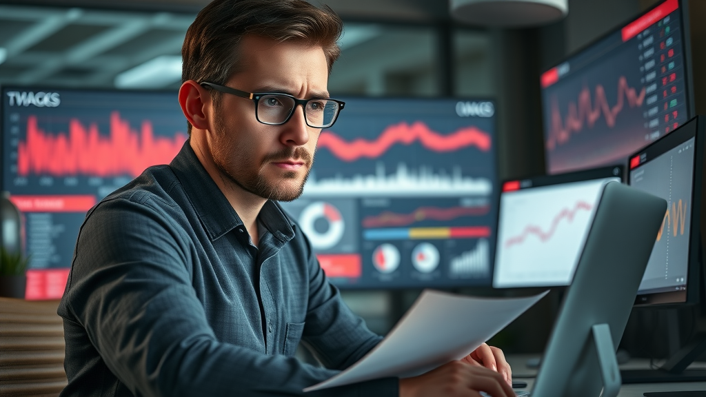 Thoughtful marketer analyzing error-prone marketing data dashboard and addressing analytics inconsistencies