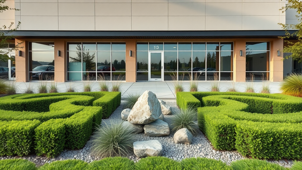 Modern commercial landscaping with hedges and ornamental grasses for businesses