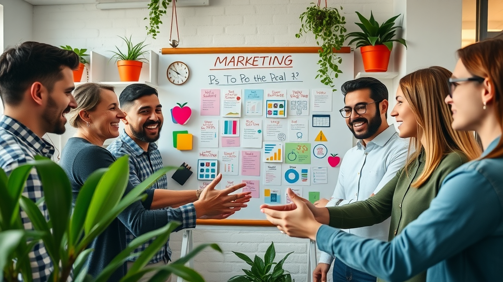 dynamic team of small business marketers brainstorming cost-effective marketing strategy in vibrant workspace