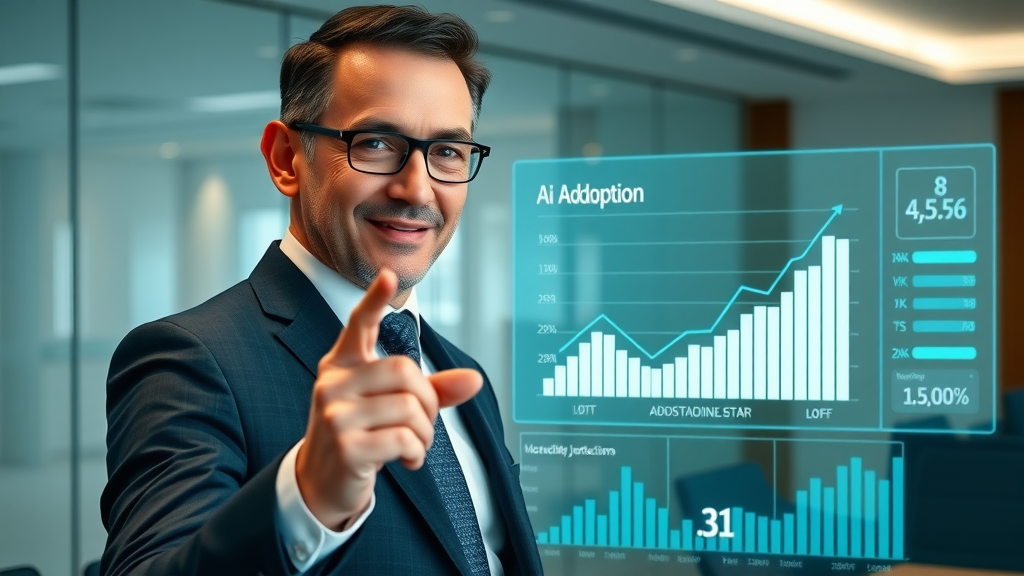 AI market growth chart with confident businessperson presenting digital AI marketing adoption statistics and upward trends.