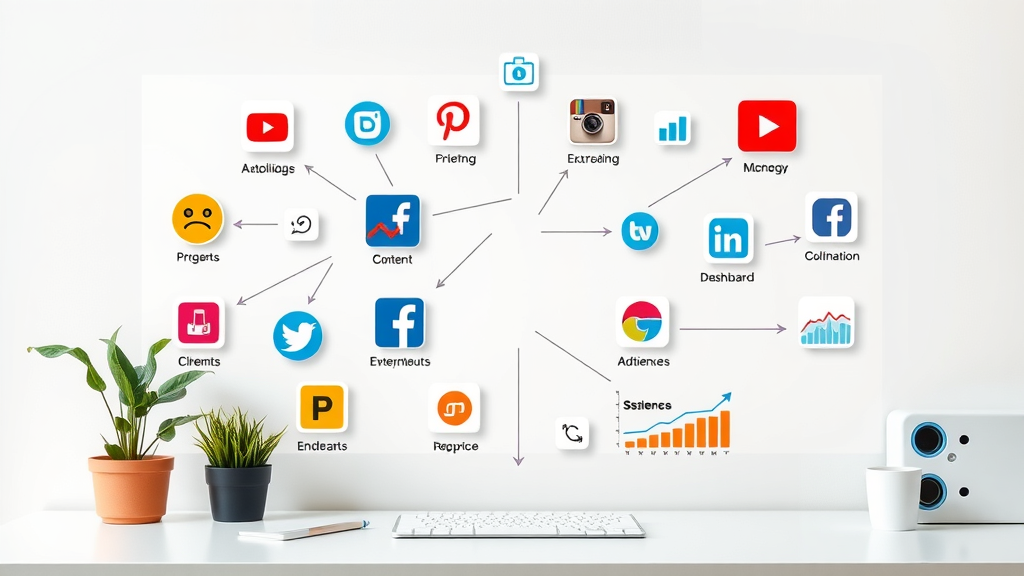 Infographic of social media content marketing fundamentals with platform icons and analytics - content plan, content strategy, brand awareness