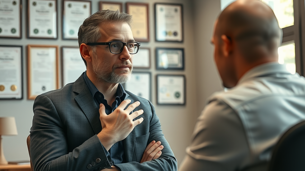 Business owner interviewing a digital marketing coach, professional setting, certificates on wall, engaging conversation