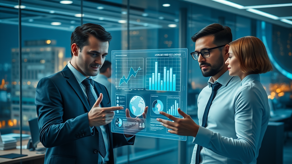 Business professionals leveraging artificial intelligence in digital marketing trend discussions, futuristic office with AI hologram