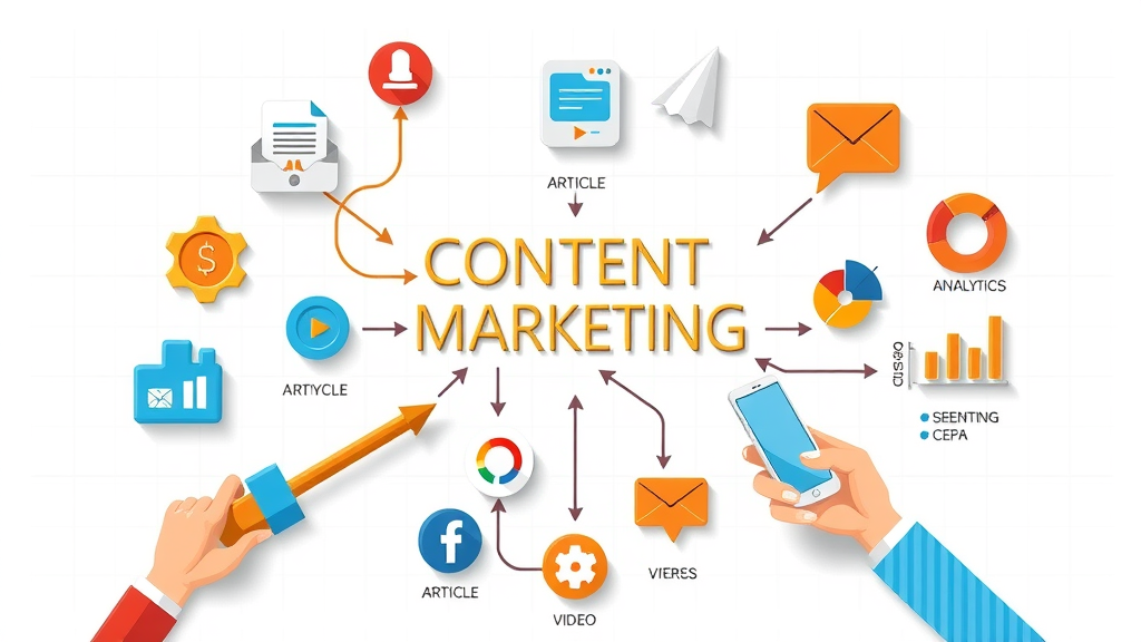infographic style illustration showing flow of content marketing strategies with article, video, social media, and analytics icons