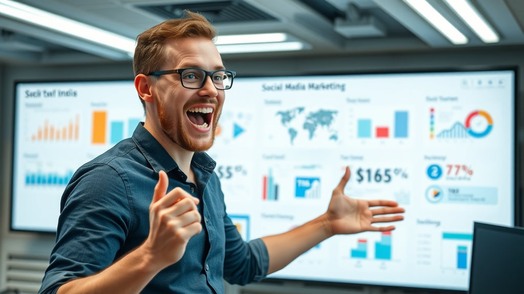 Marketer sharing social media marketing results for small businesses with digital marketing solutions on a whiteboard