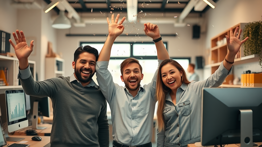 happy entrepreneurs celebrating digital marketing growth with AI