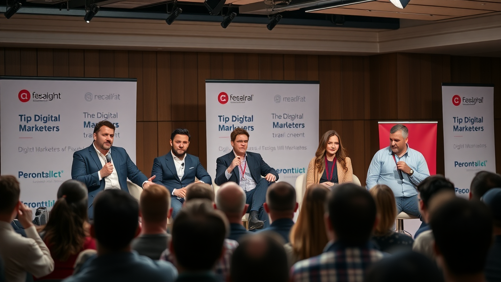 Professional digital marketers sharing expert tips on stage at a conference - expert insights, content marketing strategy, social media content