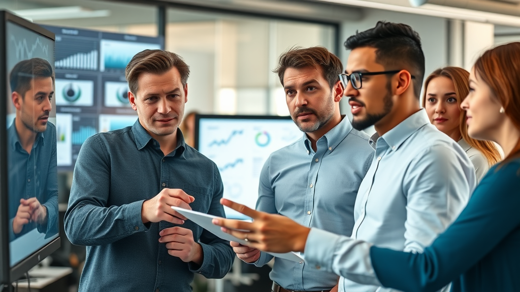 Dynamic professionals analyzing marketing data dashboards and collaborating on digital marketing analytics reports