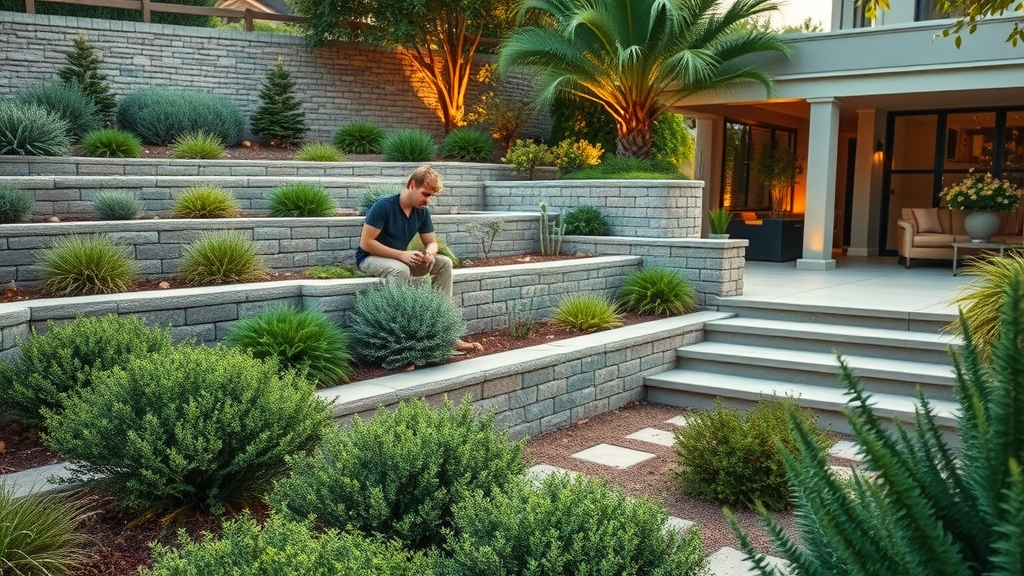 Modern landscape design with terraces, native plants, and inviting garden lighting.