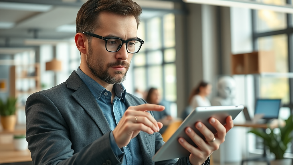 Small business owner using chatbots for small business and consulting with a customer-facing ai chatbot builder on digital tablet