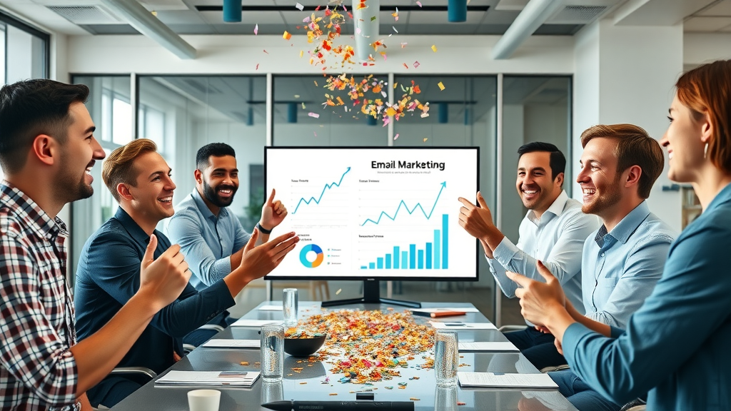 Business team celebrating impressive growth with charts displaying results of successful email marketing campaigns