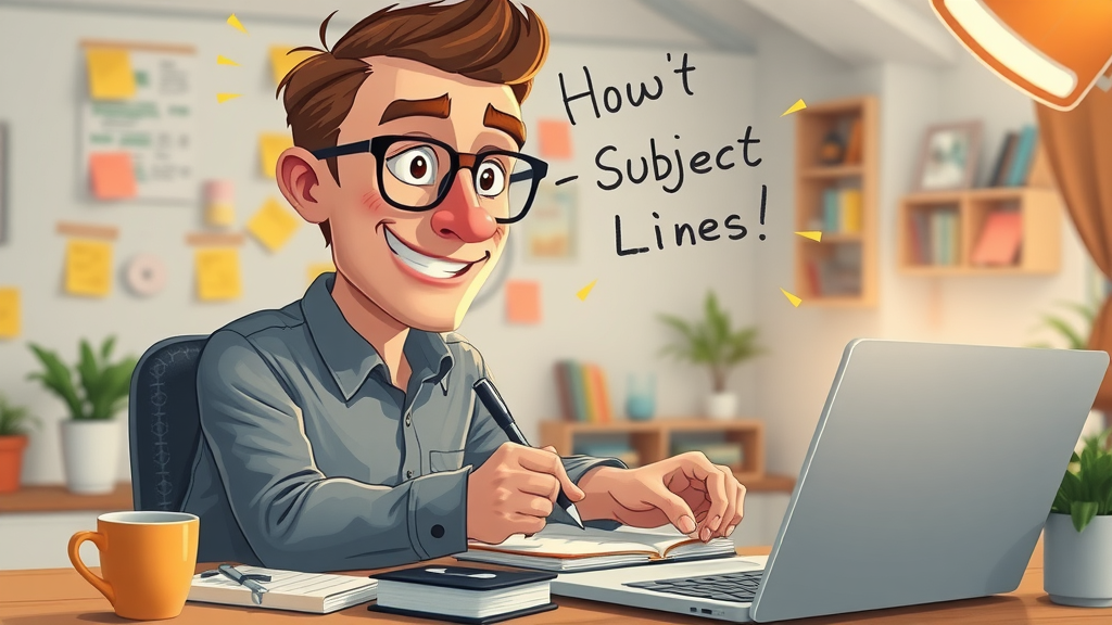 Focused copywriter brainstorming creative subject lines for email campaigns in a lively studio environment