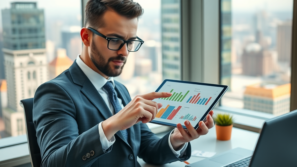 automation software ROI calculator, marketing ROI charts on tablet, consultant analyzing growth