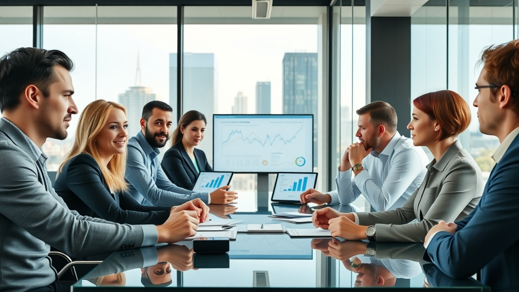 professional marketing team engaged in a collaborative meeting around a table with CMO services pricing graphs presented on screen, city skyline in background