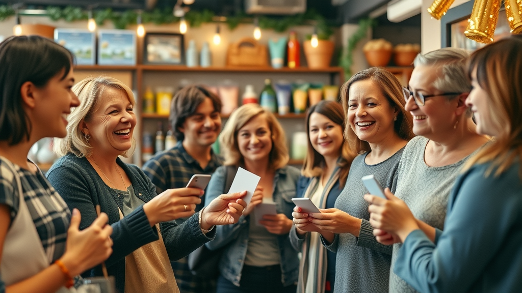 loyal customer group engaging in a community event at a local shop for cost-effective marketing strategies