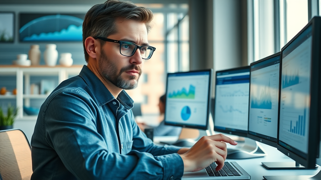 Professional writer optimizing blog posts for SEO content marketing in a modern office