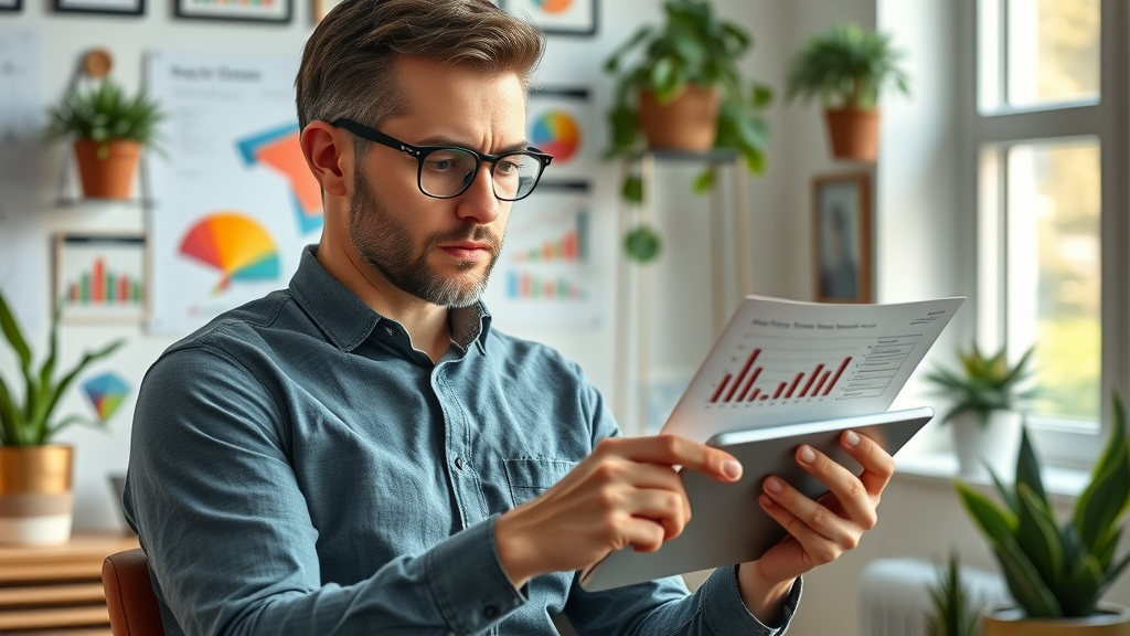 professional marketer reviewing colorful market research charts and graphs, small business marketing