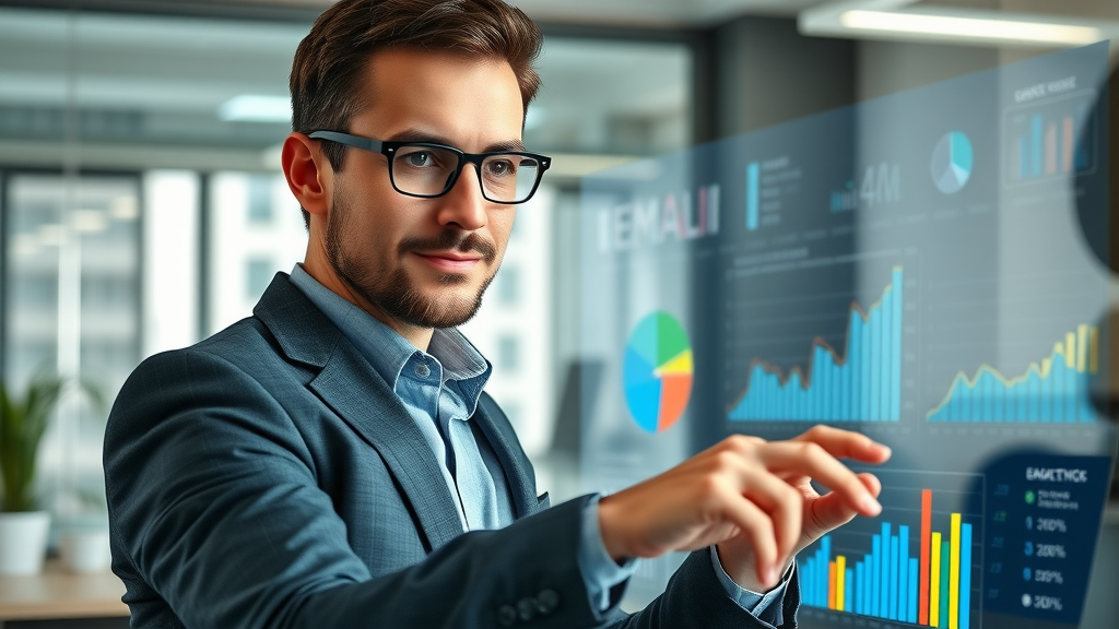 Professional marketer analyzing email marketing campaign performance metrics on digital dashboard with vibrant graphs