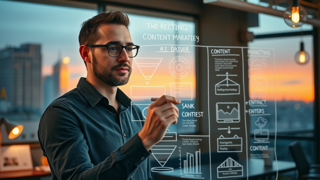 Marketer developing a content marketing strategy with AI, predictive analytics, and marketing funnel diagrams to engage the target audience.