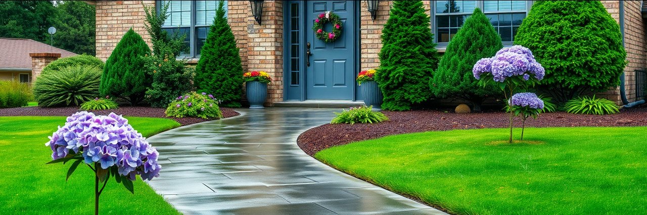 Beautiful landscape design build with stone walkway and lush greenery at home entrance