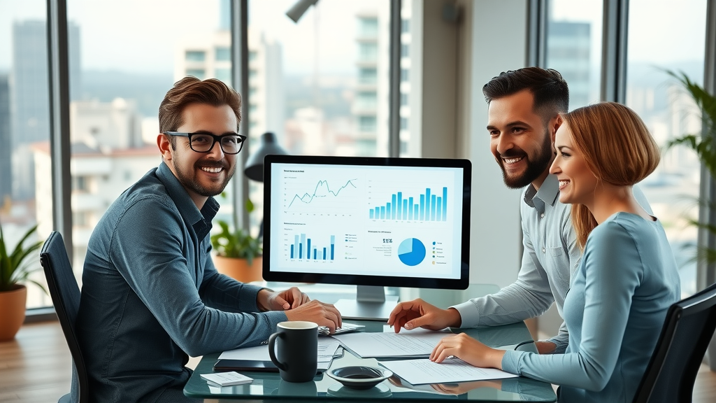 small business team collaborating on AI marketing strategy with digital charts