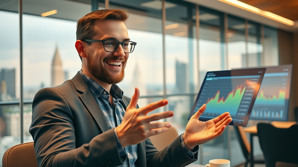 Triumphant marketer reviewing high-performing content analytics boosted by AI insights
