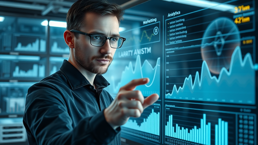 Data analyst projects marketing analytics for content marketing 2025 onto transparent screen, real-time AI graphs, tech lab, neon accents, macro lens.