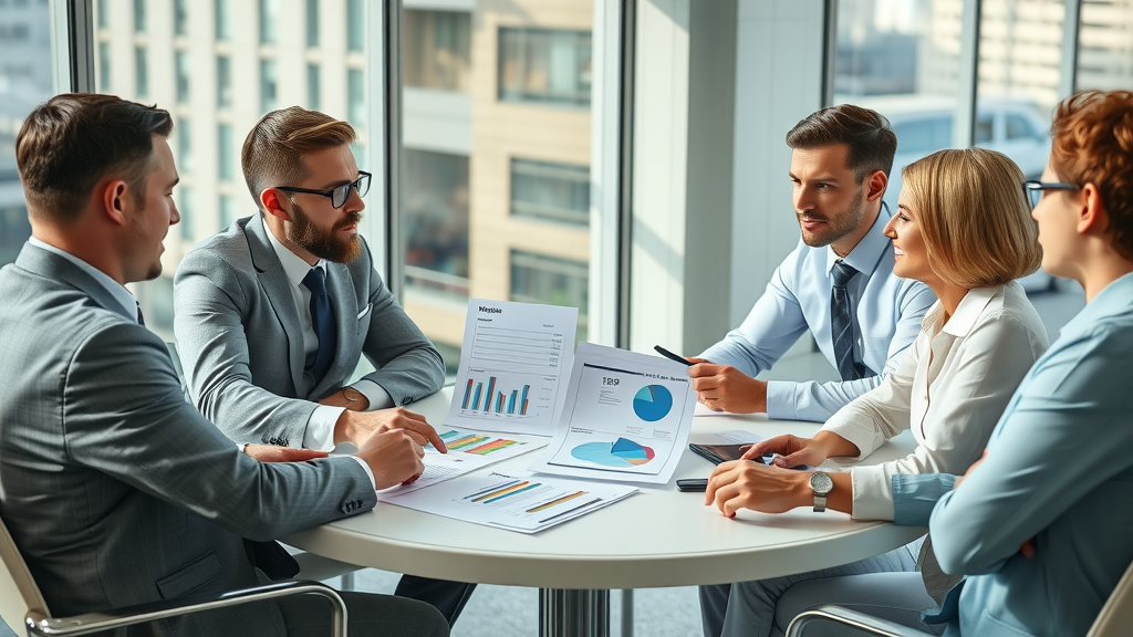 business leaders discussing pricing strategies for CMO services in executive office setting