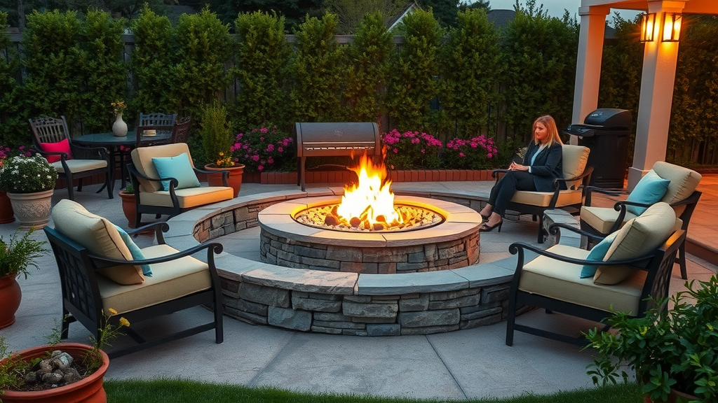 Outdoor fire pit patio illustrates hardscaping solutions for curb appeal