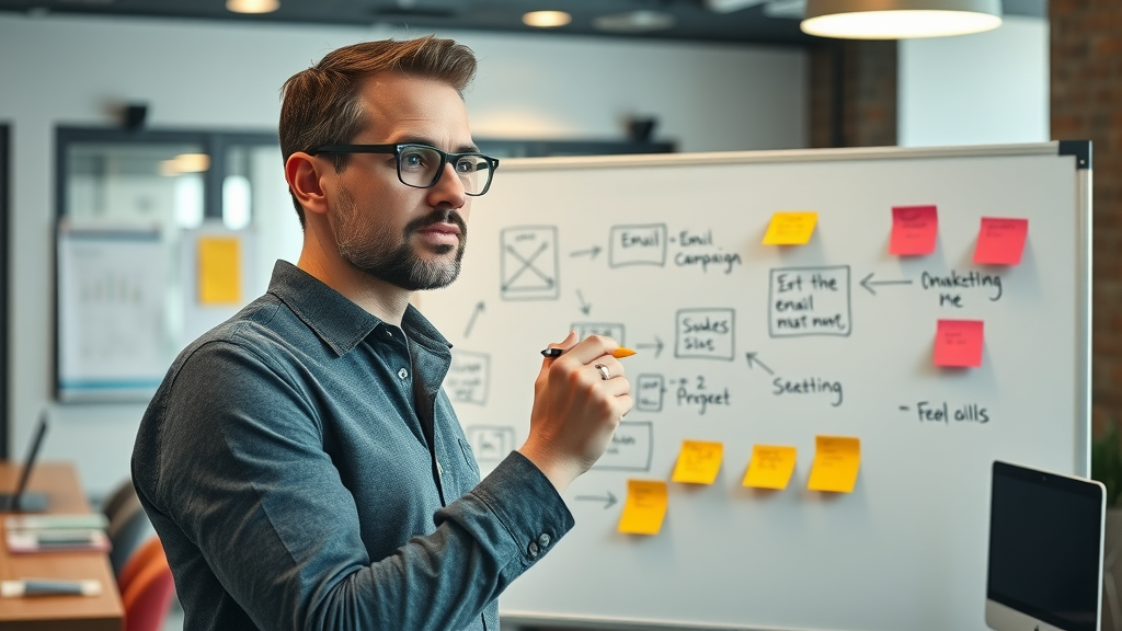 Creative marketing strategist sketching out email marketing campaign flow with sticky notes on a whiteboard