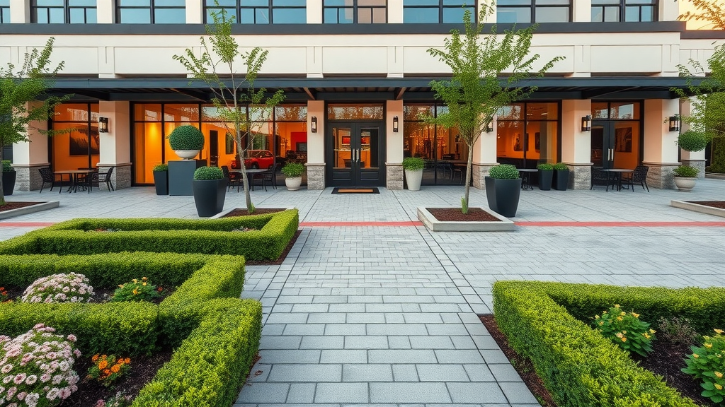 Commercial landscape design Allentown with paver paths and elegant plantings.